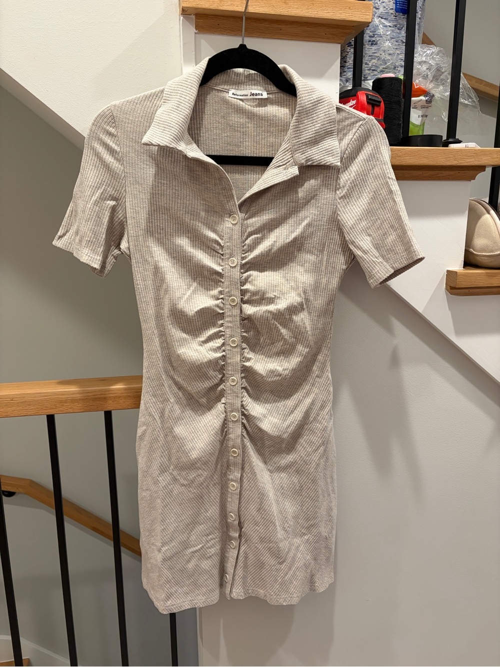 EUC REFORMATION LENNON Knit Polo Dress M Heather Oatmeal Short-Sleeve